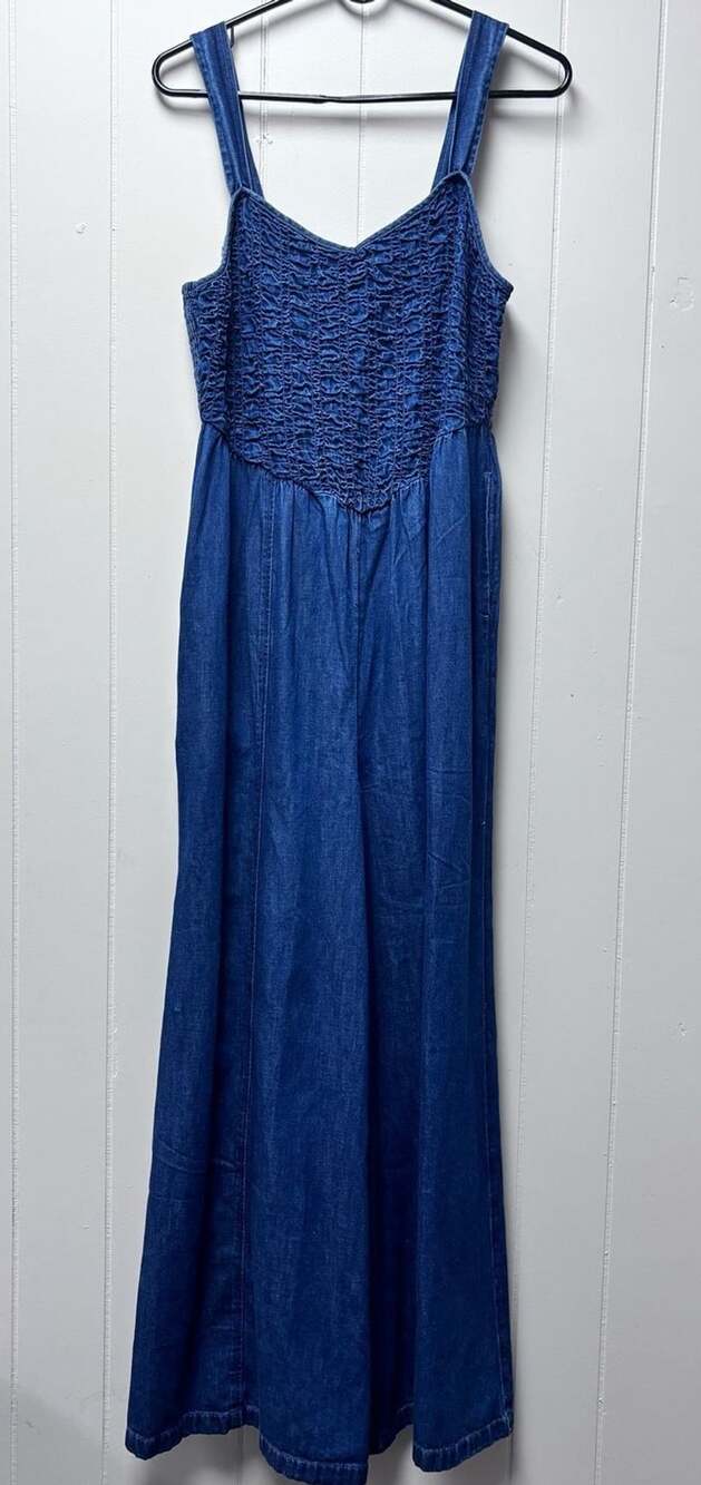 American Eagle Smocked Sweetheart Jumpsuit Size L Blue Denim